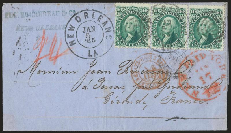 10c Yellow Green (68).> Horizontal strip of three, tied by New Orleans La. Jan. 5, 1865 double-circle datestamps on blue folded cover <to Gironde, France,> red New York Paid 12 Jan. 17 credit datestamp with
rate crossed out, red crayon 24 credi