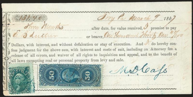 10c Yellow Green (68).> Centered to bottom left, tied by ms. and <used with 50c Life Insurance (R58c)> on 1867 promissory note, few file folds affect revenue stamp, Fine appearance