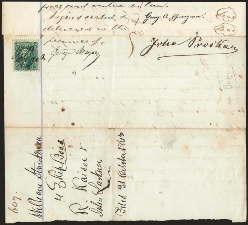 10c Yellow Green (68).> Tied by 1864 ms. and <used as a Revenue> stamp on document, natural s.e. at left, fresh and Very Fine, scarce usage