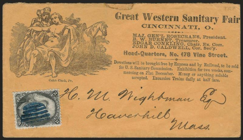 2c Black (73).> Bright shade, cancelled by <blue grid> and affixed at bottom left to <Great Western Sanitary Fair, Cincinnati O. illustrated cover> to Haverhill Mass., missing part of top flap, small repaired
tear at top, otherwise Very Fine, rare