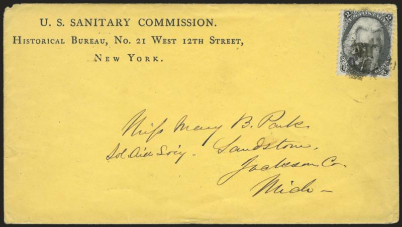 2c Black (73).> Tied by segmented cork on unsealed yellow cover with <U.S. Sanitary Commission, Historical Bureau corner card> to Sandstone Mich., insignificant corner perf crease at top left, Very Fine, scarce
usage