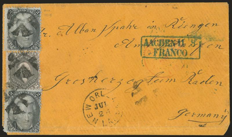 2c Black (73).> Two, used with <24c Grayish Lilac (78a),> tied by corks, New Orleans La. Jul. 24 circular datestamp on 1867 orange cover <to Baden, Germany,> red New York transit, blue boxed Aachen Franco
handstamp, horizontal file fold affects b