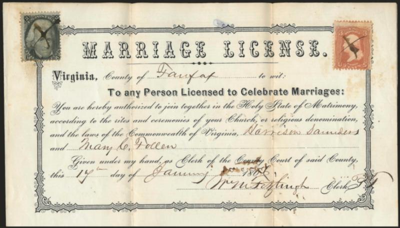 2c Black (73).> Used with 3c Rose (65), each tied by ms. X and <used as Revenues on a marriage license> from Fairfax Va., dated Jan. 1866, some sight soiling around perfs, Fine, attractive usage
