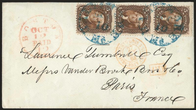 5c Brown (76).> Vertical strip of three, tied by blue Baltimore Md. Oct. 10 circular datestamps on cover <to Paris, France,> red Boston Paid 12 Oct. 12 credit datestamp, 1864 French transits incl. red boxed PD
handstamp, missing tiny part of to