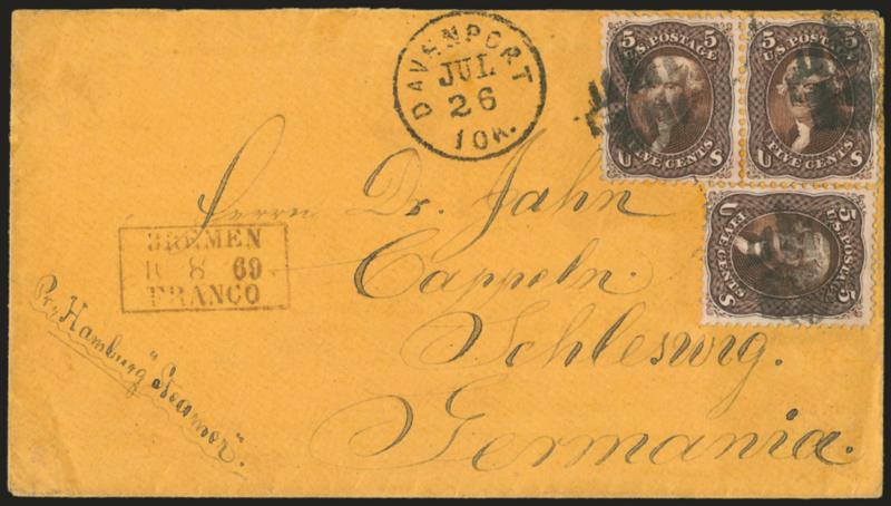 5c Brown (76).> Horizontal pair and single, deep rich color, tied by segmented cork, Davenport Ioa. Jul. 26 circular datestamp on orange cover <to Cappeln, Germany,> red boxed Bremen Franco handstamp, receiving
backstamp, left stamp in pair tiny