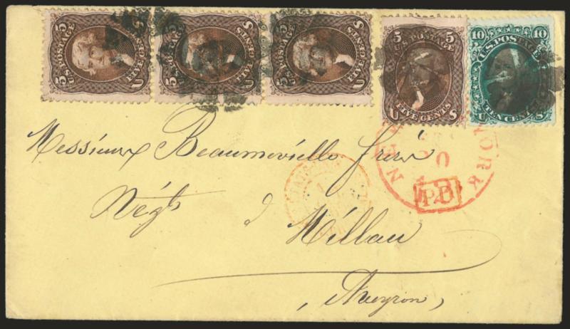 5c Brown (76).> Vertical strip of three and single, <used with 10c Green (68)> and tied by corks on light yellow cover <to Millau, France,> red New York Paid 12 Sep. 20 transit datestamp, red boxed P.D.
handstamp, various French transits, Very Fi