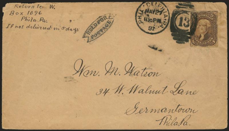 5c Postage Currency.> Single cut from Postage Currency, tied by Philadelphia Pa. May 27, 1887 duplex on cover to Germantown Pa., clear strike of <Held For Postage> handstamp at left, some cover wear, note
creased prior to use, Very Fine appearanc