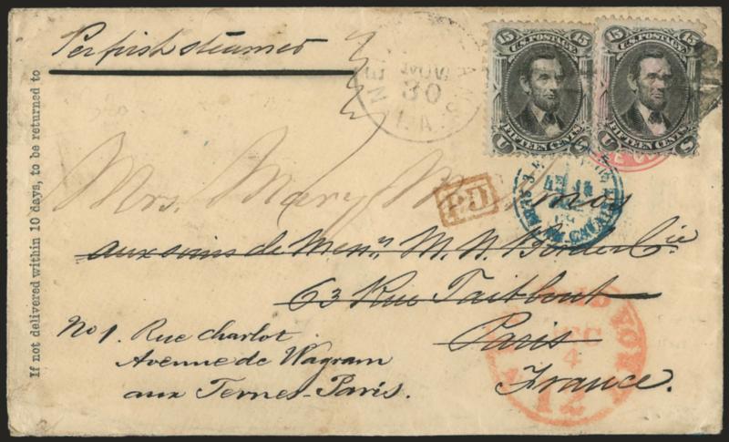 15c Black (77).> Two, tied by corks and by New Orleans La. Nov. 30 circular datestamp, <affixed over 3c Pink entire> and sent <to Paris France and forwarded within Paris,> blue French transit also ties stamps,
red New York Paid 12 Dec. 4 credit d