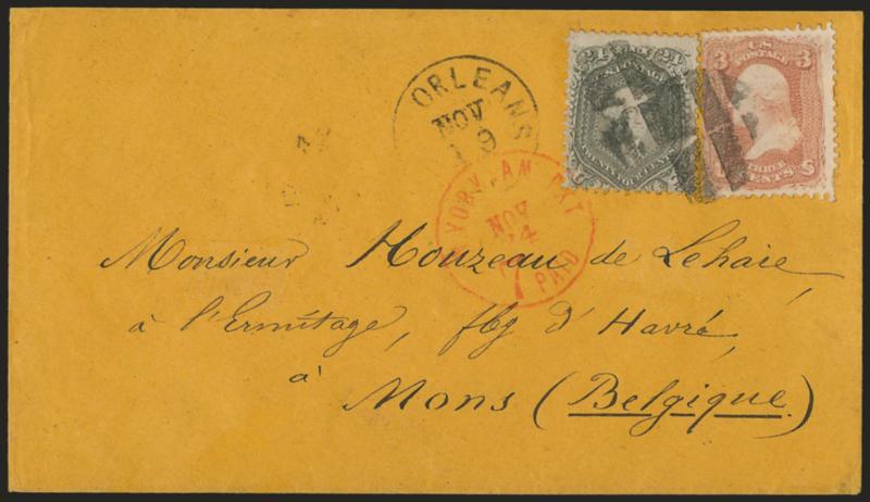 24c Gray (78b).> Used with 3c Rose (65), tied by corks, New Orleans La. Nov. 19 circular datestamp on orange cover <to Mons, Belgium,> red N. York Am. Pkt. Paid 7 Nov. 24 credit datestamp also ties 24c stamp,
neat Am. Packet backstamp, 3c short