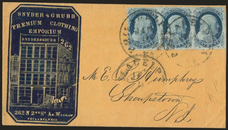 1c Blue, Ty. IV (9).> Horizontal strip of three, large margins, bright shade, tied by Philadelphia Pa. Jan. 5 circular datestamps on cover to Sharpstown N.J. with <clothing emporiums blue cameo corner card with
illustration of building,> wonderful