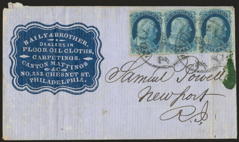 1c Blue, Ty. IV (9).> Horizontal strip of three, large margins to clear, deep rich color, tied by Philadelphia Pa. Sep. 7 circular datestamps on blue cover to Newport R.I. with <floor coverings dealers blue
cameo corner card,> some slight wear inc