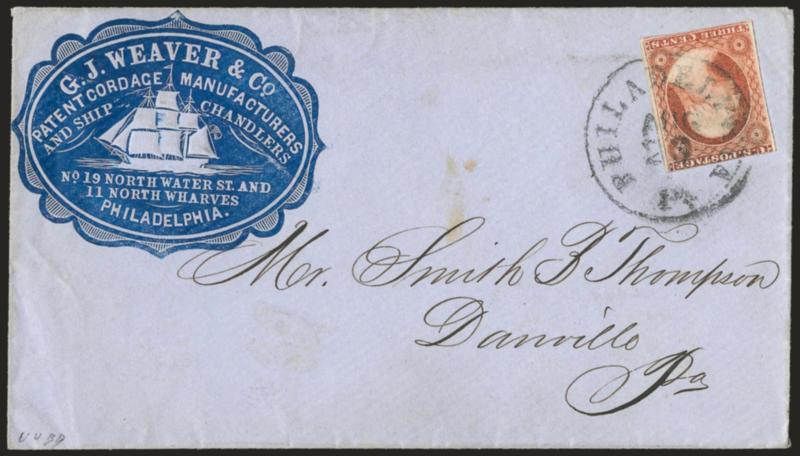 3c Dull Red, Ty. I (11).> Large margins to barely in, rich color, tied by Philadelphia Pa. Aug. 23 circular datestamp on blue cover to Danville Pa. with <ship chandlers blue cameo corner card with illustration
of three-masted ship,> Very Fine, a b