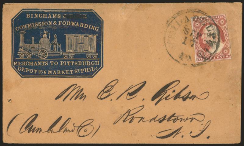 3c Dull Red, Ty. II (11A).> Large margins to just in at right incl. part of adjoining stamp at bottom, tied by Philadelphia Pa. Sep. 17 circular datestamp on buff cover to Roadstown N.J. with <commission and
forwarding merchants blue cameo cover w