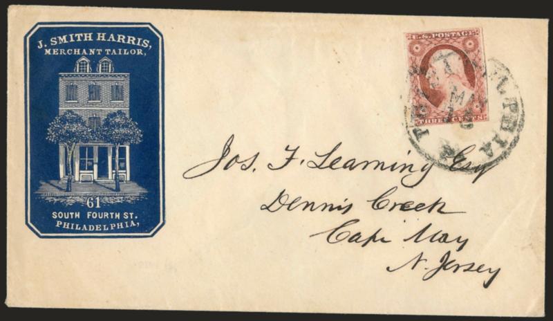 3c Dull Red, Ty. II (11A).> Large margins to clear incl. part of adjoining stamp at right, rich color, tied by Philadelphia Pa. May 15 circular datestamp on cover to Dennis Creek N.J. with <tailors blue cameo
corner card with illustration of build