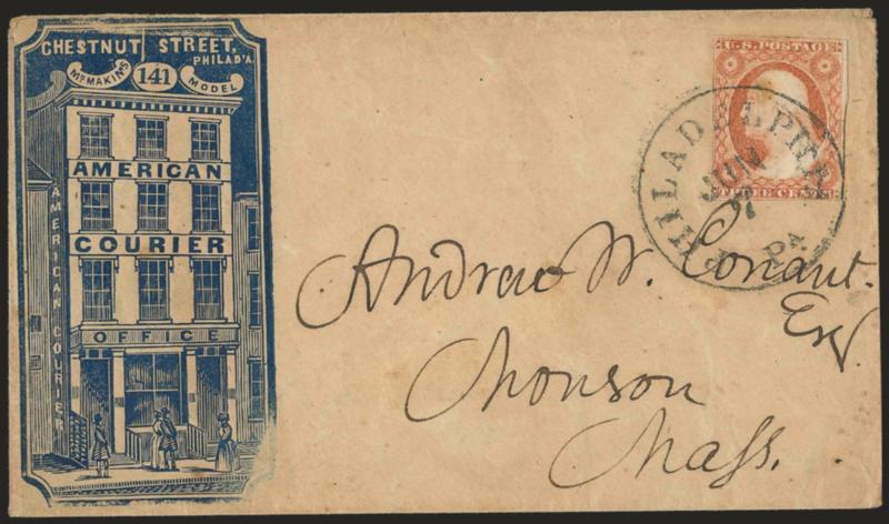 3c Dull Red, Ty. II (11A).> Large margins to just in, bright color, tied by Philadelphia Pa. Jun. 7 circular datestamp on cover to Monson Mass. with <American Couriers blue cameo corner card with illustration
of building,> stamp with toned spot, s