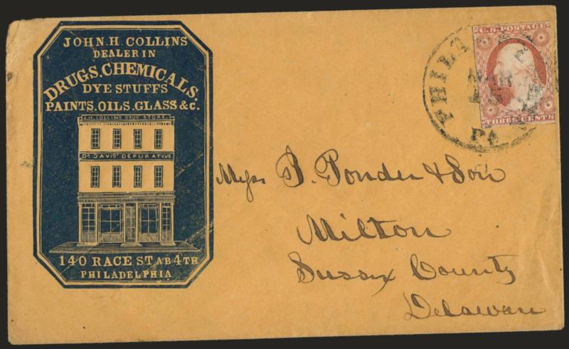 3c Dull Red, Ty. II (11A).> Margins to just in, bright color, tied by Philadelphia Pa. Mar. 15 circular datestamp on buff cover to Milton Del. with <drug stores blue cameo corner card with illustration of
building,> some slight edgewear, Very Fine