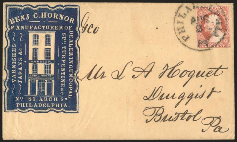 3c Dull Red, Ty. II (11A).> Full margins to just in, tied by Philadelphia Pa. Aug. 2 circular datestamp on cover to Bristol Pa. with <varnish manufacturers blue cameo corner card with illustration of building,>
trivial edgewear, Very Fine