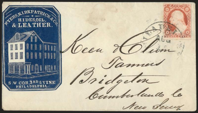 3c Dull Red, Ty. II (11A).> Huge margins all around, radiant color, tied by Philadelphia Pa. Aug. 15 circular datestamp on cover to Bridgeton N.J. with <leather dealers blue cameo corner card with illustration
of building,> trivial soiling at top