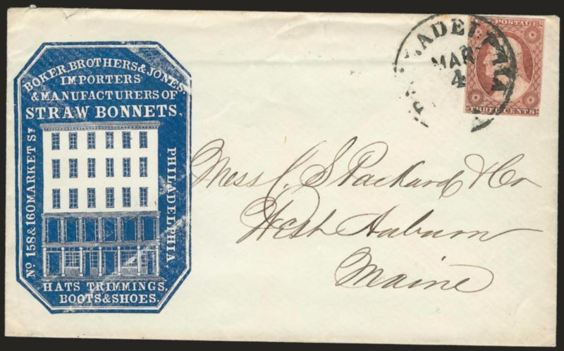 3c Dull Red, Ty. II (11A).> Full margins to touched, tied by Philadelphia Pa. Mar. 4 circular datestamp on cover to West Auburn Me. with <hat importer and manufacturers blue cameo corner card with illustration
of building,> Very Fine and choice