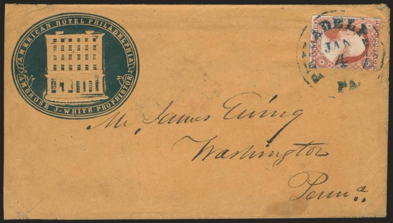 3c Dull Red, Ty. II (11A).> Large margins to in, deep rich color, tied by blue Philadelphia Pa. Jan. 4 circular datestamp on buff cover to Washington Pa. with <American Hotels blue embossed corner card with
illustration of hotel,> with original 18