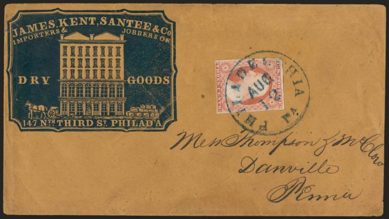 3c Dull Red, Ty. II (11A).> Large margins to just in, tied by blue Philadelphia Pa. Aug. 12 circular datestamp on buff cover to Danville Pa. with <dry goods importers blue cameo corner card with illustration of
building,> some slight overall tonin