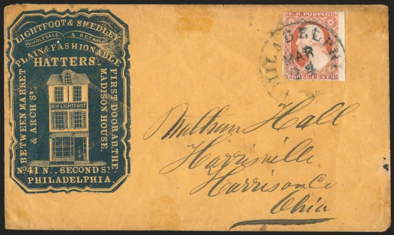3c Dull Red, Ty. II (11A).> Large margins to in incl. <sheet margin> at right, tied by Philadelphia Pa. Mar. 24 circular datestamp on orange cover to Harrisville O. with <hatters blue cameo corner card with
illustration of building,> some edge fla