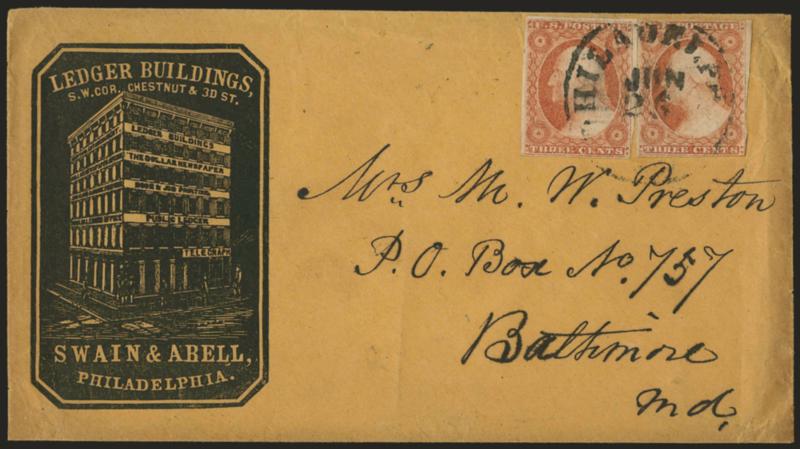 3c Dull Red, Ty. I (11).> Two, margins to in, tied by Philadelphia Pa. Jun. 26 circular datestamp on cover to Baltimore Md. with <Swain & Abells cameo corner card,> some edgewear affects stamps, appears Very
Fine, attractive usage