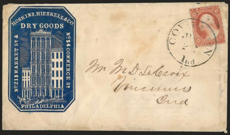 3c Dull Red, Ty. I (11).> Tied by Covington Ind. Jun. 2? circular datestamp on cover to Vincennes Ind. with <dry goods merchants blue cameo corner card with illustration of building,> some edgewear and soiling,
top flap torn, otherwise Fine