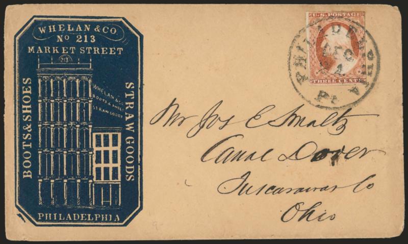 3c Dull Red, Ty. II (11A).> Large margins to just in, tied by well-struck Philadelphia Pa. Dec. 21 circular datestamp on cover to Canal Dover O. with <boots, shoes and straw goods dealers blue cameo corner card
with illustration of building,> embo