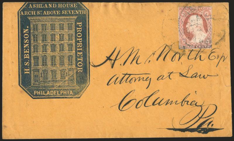 3c Dull Red, Ty. II (11A).> Full margins to clear, tied by light strikes of Philadelphia circular datestamps on orange cover to Columbia Pa. with <hotel blue cameo corner card with illustration of building,>
some slight edgewear, Very Fine