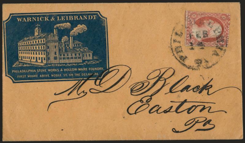 3c Dull Red, Ty. II (11A).> Margins to in, tied by Philadelphia Pa. Feb. 14 circular datestamp on buff cover to Easton Pa. with <stove works and foundrys blue cameo corner card with illustration of foundry,>
Very Fine, a pretty cover