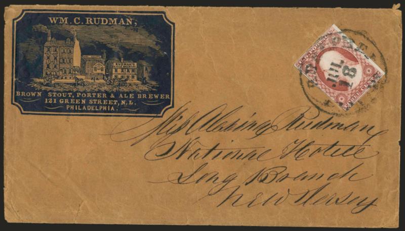 3c Dull Red, Ty. I (11).> Large margins to barely in at bottom left and with part of adjoining stamp at bottom, tied by Philadelphia Pa. Jul. 18 circular datestamp on buff cover to Long Branch N.J. with <beer
brewers cameo corner card with illustr