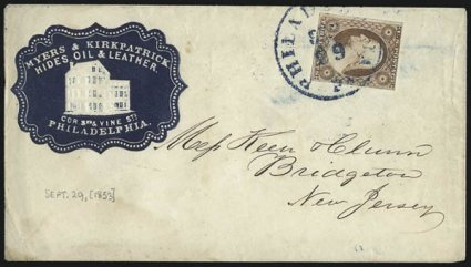 3c Dull Red, Ty. II (11A).> Large margins to barely in at top, rich color, tied by blue Philadelphia Pa. Sep. 29 circular datestamp on cover to Bridgeton N.J. with <leather dealers blue cameo corner card with
illustration of building,> some slight