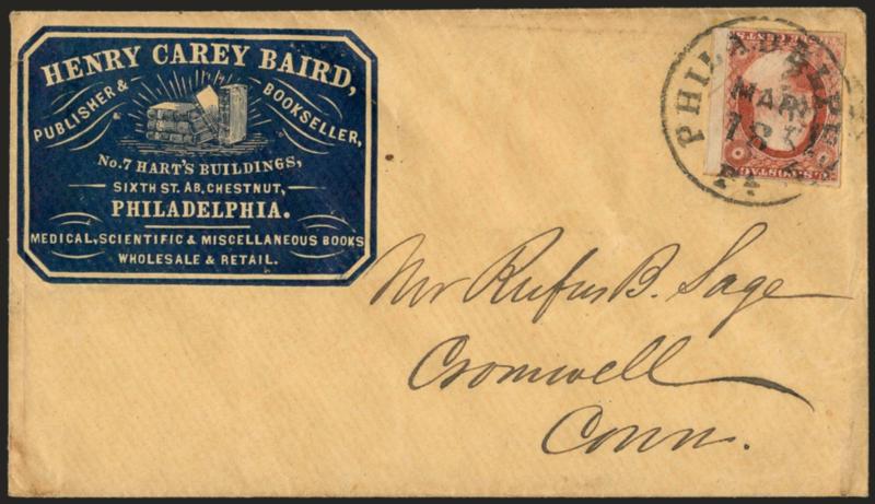 3c Dull Red, Ty. II (11A).> Huge margins to just clear incl. straddle margin at right,> intense shade, tied by Philadelphia Pa. Mar. 18 circular datestamp on cover to Cromwell Conn. with <publisher and
booksellers blue cameo corner card with illus