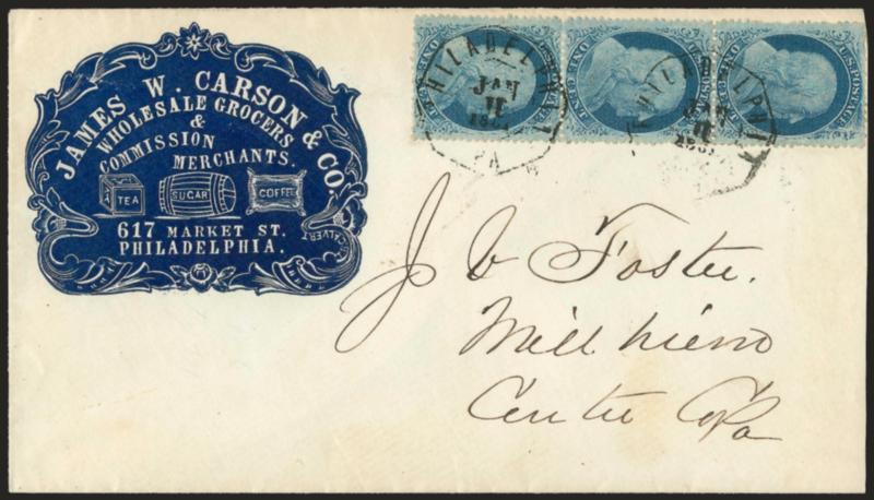1c Blue, Ty. V (24).> Vertical strip of three, choice centering, tied by neat strikes of Philadelphia Pa. Jan. 11, 1861 octagonal datestamps on cover to Millheim Pa. with <commission merchants blue cameo corner
card with illustration of tea, sugar