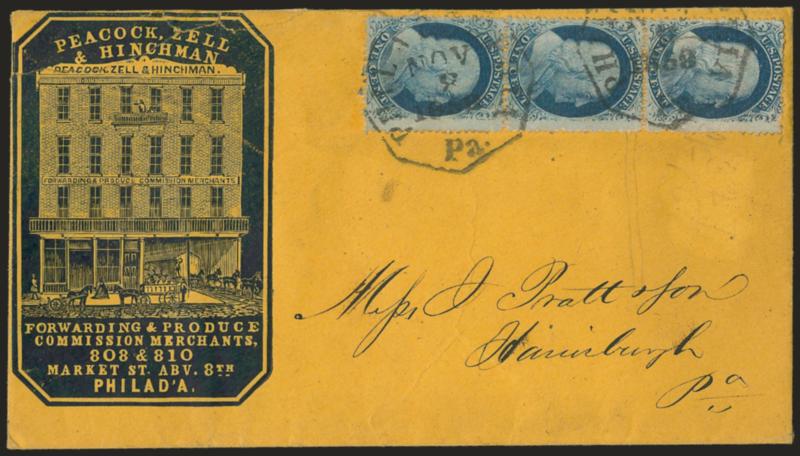 1c Blue, Ty. V (24).> Vertical strip of three, intense shade and impression, tied by Philadelphia Pa. Nov. 8, 1859 octagonal datestamps on orange cover to Harrisburgh Pa. with <commission merchants blue cameo
corner card with illustration of build