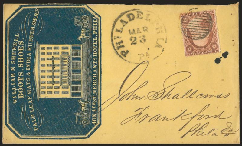 3c Dull Red, Ty. III (26).> Tied by bold grid, Philadelphia Pa. Mar. 23 circular datestamp on cover to Frankford Pa. with <boot and shoe makers blue cameo corner card with illustration of building,> enclosure
with same illustration dated Aug. 19,