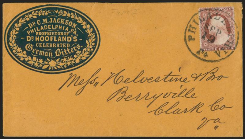 3c Dull Red, Ty. I (25).> Bright color, choice centering, tied by well-struck Philadelphia Pa. Sep. 19 circular datestamp on orange cover to Berryville Va. with <Dr. Hooflands Celebrated German Bitters blue
cameo corner card,> with original enclos