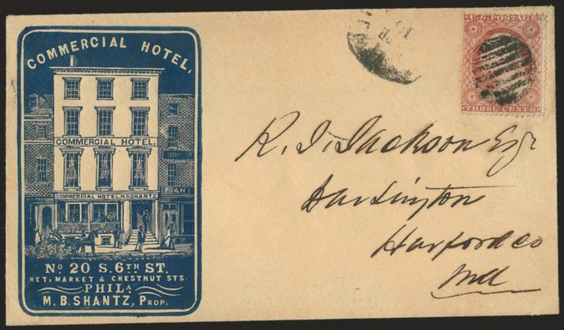 3c Dull Red, Ty. III (26).> Intense shade, cancelled by grid, light strike of Philadelphia circular datestamp on cover to Hardington Md. with <hotels blue cameo corner illustrated corner card with illustration
of building,> stamp with pre-use crease