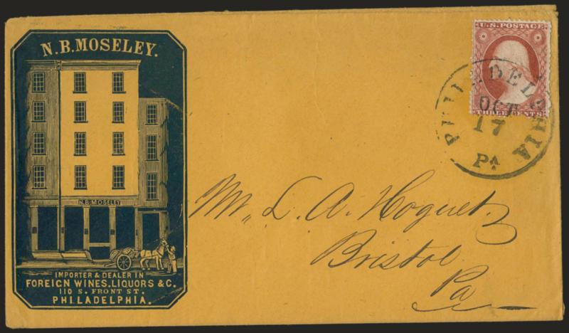 3c Dull Red, Ty. III (26).> Few perf flaws, bright color, tied by Philadelphia Pa. Oct. 17 circular datestamp on orange cover to Bristol Pa. with <wine and liquor dealers blue cameo corner card with
illustration of building,> Very Fine