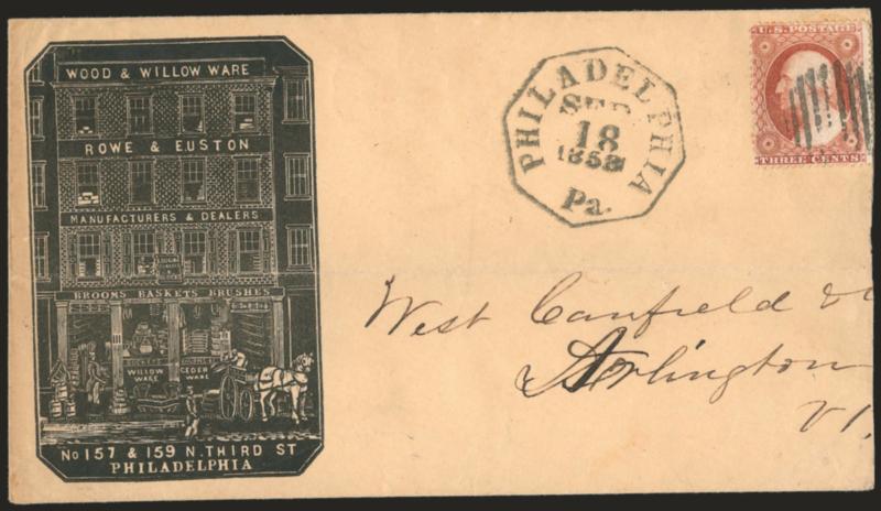 3c Dull Red, Ty. III (26).> Cancelled by grid, Philadelphia Pa. Sep. 18, 1858 octagonal datestamp on cover to Arlington Va. with <wood and willow ware cameo corner card with illustration of building,> slightly
reduced at right affecting one perf, t