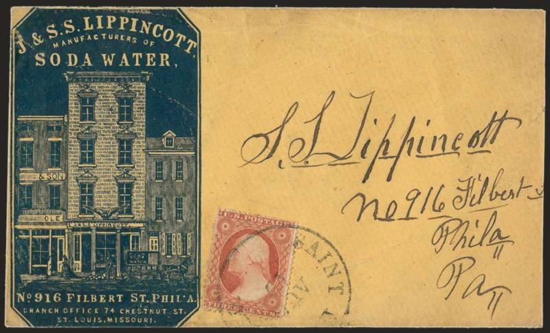 3c Dull Red, Ty. III (26).> Bright shade, tied by Saint Louis Mo. Aug. 19 circular datestamp on cover to Philadelphia with <soda water manufacturers blue cameo corner card with illustration of building,>
slightly reduced at right, minor edgewear,
