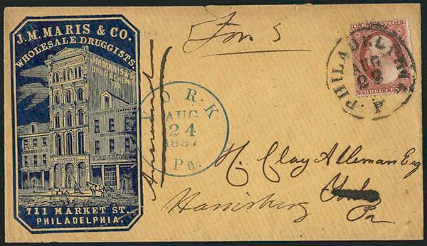 3c Dull Red, Ty. III (26).> Tied by Philadelphia Pa. Aug. 23 circular datestamp on cover to York Pa. and <forwarded> to Harrisburg, with <wholesale druggists blue cameo corner card with illustration of
building,> blue forwarding handstamp, some do