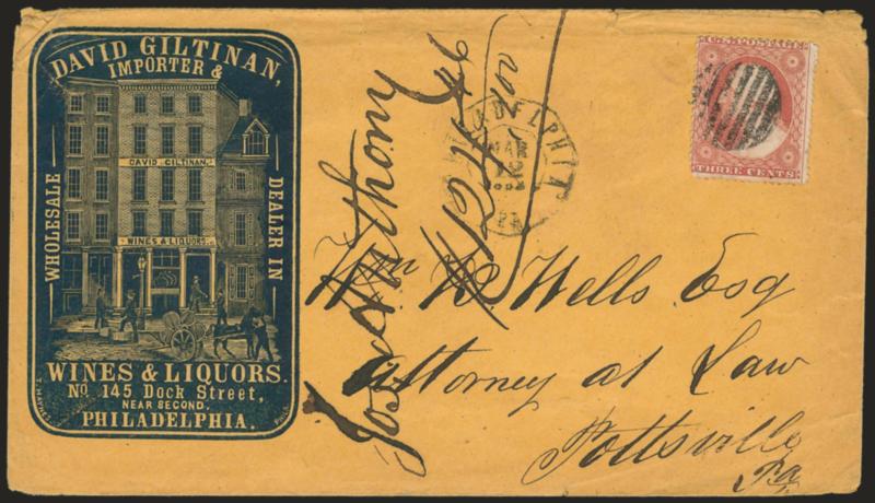 3c Dull Red, Ty. III (26).> Bright color, tied by grid, Philadelphia Pa. Mar. 12 octagonal datestamp on orange cover to Pottsville Pa. with <wine and liquor dealers blue cameo corner card with illustration of
building,> docketed at center, minor e