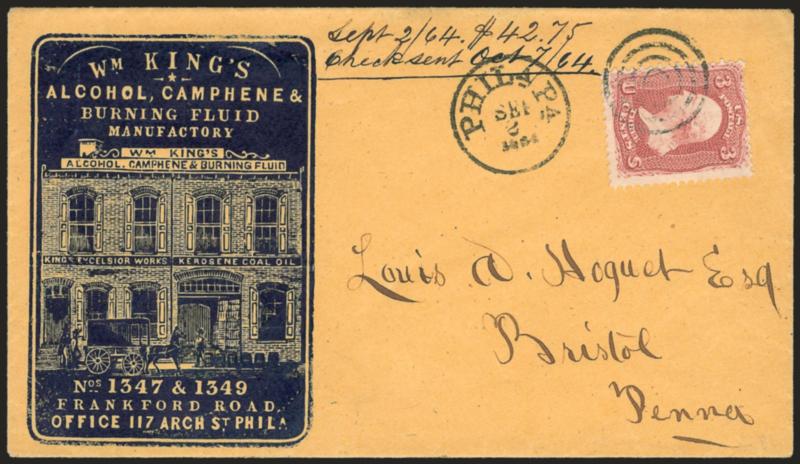 3c Rose (65).> Tied by target, small Phila. Pa. Sep. 2, 1864 circular datestamp on cover to Bristol Pa. with <liquid fuel manufacturers blue cameo corner card with illustration of building and embossed seal on
back,> fresh and Very Fine