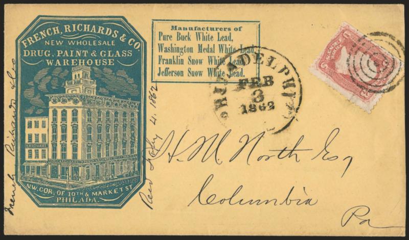 3c Rose (65).> Radiant color, tied by target, Philadelphia Pa. Feb. 3, 1862 circular datestamp on cover to Columbia Pa. with <wholesale warehouse blue cameo corner card with illustration of building,> billboard
design on back, for New Jersey Zinc C
