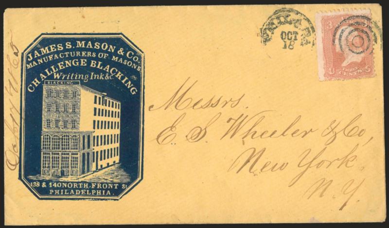 3c Rose (65).> Tied by target, small Phila. Pa. Oct. 18 circular datestamp on light yellow cover to New York with <Mason & Son.s blue cameo corner card with illustration of building,> stamp with few perf flaws,
otherwise Very Fine