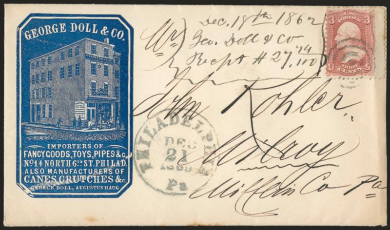 3c Rose (65).> Tied by target, Philadelphia Pa. Dec. 21, 1862 circular datestamp on cover to Pa., with <importers blue corner card with illustration of building,> with original enclosure, docketed at top, stamp
with few faults, appears Very Fine
