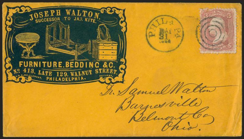 3c Rose (65).> Small piece repaired at top, tied by target, Phila. Pa. May 31, 1864 circular datestamp on orange cover to Barnesville O. with <furniture and bedding companys blue cameo corner card with
illustration of table, dresser and bed,> Very