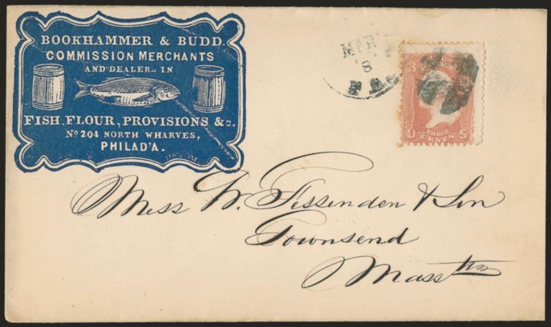 3c Rose (65).> Centered to bottom left, cancelled by quartered cork and tied by Phila. Pa. Mar. 8 circular datestamp on cover to Townsend Mass. with <commission merchants blue cameo corner card with
illustration of barrels and fish,> few toned per